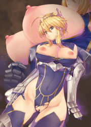 Rule 34 | armor, artoria pendragon (fate), artoria pendragon (lancer) (fate), bar censor, blue gloves, blue leotard, boots, braid, breasts, censored, cowboy shot, fate/grand order, fate (series), french braid, gloves, green eyes, hair between eyes, heattech leotard, kirishima satoshi, lance, large breasts, leotard, multiple views, nipples, polearm, pussy, sidelocks, swept bangs, thigh boots, thighhighs, torn clothes, turtleneck, weapon