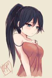 Rule 34 | 10s, 1girl, alternate costume, artist name, bare shoulders, black hair, blue eyes, blush, breasts, cleavage, frown, houshou (kancolle), kantai collection, long hair, ponytail, signature, simple background, solo, strap slip, tan background, upper body, yanagi wakana