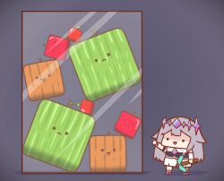 Rule 34 | 1girl, absurdres, cherry, chest jewel, chibi, dress, food, fruit, full body, gem, grey background, highres, holding, holding pickaxe, hololive, hololive english, koseki bijou, koseki bijou (1st costume), minecraft, minecraft pickaxe, open mouth, phdpigeon, pickaxe, pumpkin, purple hair, shaded face, single arm guard, solid circle eyes, standing, strawberry, suika game, tiara, virtual youtuber, watermelon