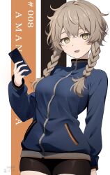 Rule 34 | 1girl, amane suzuha, artist name, bike shorts, black background, black shorts, blue jacket, braid, breasts, brown eyes, character name, commentary, cowboy shot, crossed bangs, high collar, highres, holding, holding phone, jacket, light blush, light brown hair, long hair, long sleeves, looking at viewer, low twin braids, medium breasts, nagare (flow), open mouth, orange background, phone, short shorts, shorts, smile, solo, steins;gate, twin braids, twitter username, white background, zipper pull tab