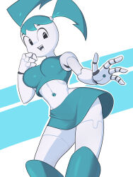 Rule 34 | 1girl, android, aqua skirt, barleyshake, breasts, colored skin, crop top, feet out of frame, highres, jenny wakeman, joints, medium breasts, metal skin, midriff, miniskirt, my life as a teenage robot, navel, open mouth, robot girl, robot joints, skirt, smile, solo, twintails, white skin
