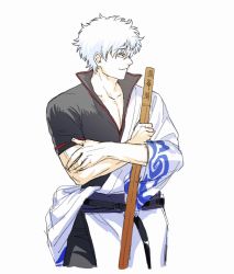 Rule 34 | 1boy, belt, black pants, black shirt, closed mouth, collarbone, cowboy shot, crossed arms, gintama, godzillapigeon1, half-closed eyes, happy, highres, holding, holding sword, holding weapon, japanese clothes, japanese text, kimono, looking to the side, male focus, off shoulder, pants, pectoral cleavage, pectorals, red eyes, ribbon-trimmed sleeves, ribbon trim, sakata gintoki, sheath, sheathed, shirt, short hair, short sleeves, simple background, sketch, smile, solo, standing, sword, translation request, weapon, white background, white hair, white kimono