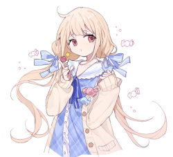 Rule 34 | 1girl, ame ame, blonde hair, blue dress, candy, cardigan, closed mouth, collar, dress, food, frilled collar, frills, futaba anzu, hair ribbon, hand up, highres, holding, holding candy, holding food, holding lollipop, idolmaster, idolmaster cinderella girls, lollipop, long hair, long sleeves, looking to the side, low twintails, pink eyes, ribbon, solo, star (symbol), twintails, white background