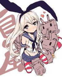 Rule 34 | 10s, 1girl, amezawa koma, anchor, arm support, black panties, blonde hair, blue skirt, blush, crop top, elbow gloves, from above, gloves, hair ornament, hairband, heart, highleg, highleg panties, innertube, kantai collection, long hair, looking at viewer, midriff, miniskirt, navel, panties, patterned legwear, personification, pleated skirt, rensouhou-chan, shimakaze (kancolle), sketch, skirt, striped clothes, striped thighhighs, swim ring, thighhighs, two-tone stripes, underwear, white background, white gloves, white stripes