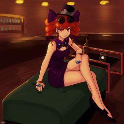 Rule 34 | 1girl, absurdres, alcohol, arm support, bag, bangle, black hat, bow, bracelet, breasts, crossed legs, cup, dress, drill hair, earrings, eyewear on head, full body, grin, hair bow, handbag, hat, hat bow, highres, indoors, jewelry, looking at viewer, medium breasts, mini hat, mini top hat, necklace, ramnik5, ring, short dress, sitting, sleeveless, sleeveless dress, smile, solo, sunglasses, top hat, touhou, twin drills, whiskey, yorigami jo&#039;on