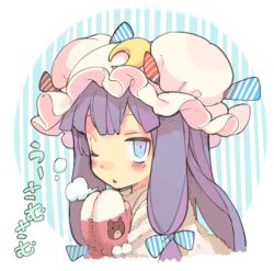 Rule 34 | 1girl, bear, blue eyes, breath, cold, crescent, crescent hair ornament, crescent moon, hair ornament, hat, mittens, moon, morino hon, one eye closed, patchouli knowledge, purple hair, solo, striped, striped background, touhou, translation request