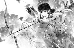 Rule 34 | 1girl, absurdres, aiming, arrow (projectile), bird, black hair, bow, cape, fur cape, greyscale, highres, inuyasha, japanese clothes, jiegeng zhuye, kikyou (inuyasha), miko, monochrome, priest, snow, solo, string, winter