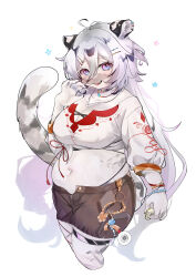 Rule 34 | 1girl, absurdres, ahirudakku, ahoge, animal ear piercing, animal ears, blush, breasts, brown shorts, cleavage, commentary request, cropped legs, earrings, fang, feet out of frame, furry, furry female, grey hair, hannah (mahjong soul), highres, holding, holding mahjong tile, jewelry, large breasts, long bangs, long hair, long sleeves, looking at viewer, mahjong, mahjong soul, mahjong tile, midriff, navel, open fly, open mouth, pink eyes, plump, short shorts, shorts, simple background, smile, solo, tiger ears, tiger girl, very long hair, white background