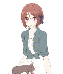 Rule 34 | 1girl, blouse, blush, brown hair, cat, green shirt, hair between eyes, looking at viewer, open mouth, princess connect!, purple eyes, roaru (gyuren), shiori (princess connect!), shiori (real) (princess connect!), shirt, short hair, skirt, sleeves rolled up, solo, white background