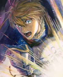 Rule 34 | 1boy, armor, arthur pendragon (fate), blonde hair, cape, fate/prototype, fate (series), glowing, green eyes, highres, male focus, mosako, open mouth, painting (medium), solo, traditional media, upper body, watercolor (medium)