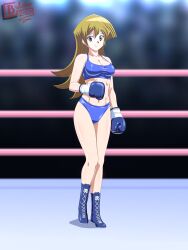 Rule 34 | 1girl, blonde hair, boxing gloves, boxing ring, breasts, brown eyes, butcherstudios, full body, highleg, highleg swimsuit, highres, large breasts, looking at viewer, revealing clothes, shiny skin, simple background, sports bikini, sports bra, swimsuit, tenjouin asuka, thick thighs, thighs, wide hips, yu-gi-oh!, yu-gi-oh! gx