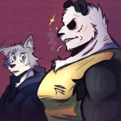 Rule 34 | 2boys, animal ears, bara, bear boy, bear ears, beastars, breast envy, bursting pectorals, from side, furry, furry male, furry with furry, girl staring at guy&#039;s chest (meme), gouhin, gouhin (beastars), highres, large pectorals, legoshi, looking at another, looking down, male focus, meme, multiple boys, muscle envy, muscular, muscular male, n-y-q-u-i-l, pectoral focus, pectorals, shirt, sleeveless, sleeveless shirt, tank top, upper body, yellow shirt, yellow tank top