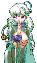 Rule 34 | 1girl, arm behind back, breasts, drill hair, drill sidelocks, green hair, green theme, large breasts, long hair, looking at viewer, nipples, original, red eyes, see-through, sidelocks, simple background, solo, white background, wire, yoshizaki mine