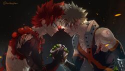 Rule 34 | 2boys, bakugou katsuki, black background, blonde hair, blood, blood on face, blood on shoulder, boku no hero academia, closed mouth, eye contact, gradient background, grey background, handshake, highres, kirishima eijirou, light particles, looking at another, male focus, multiple boys, parted lips, red eyes, red hair, scallopojisan, short hair, spiked hair, sweatdrop, teeth, twitter username, upper body, v-shaped eyebrows, v-shaped eyes