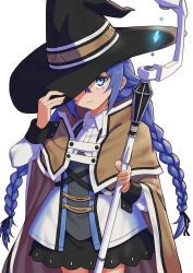 Rule 34 | 1girl, black hat, black skirt, blue eyes, blue hair, braid, brown cape, brown capelet, cape, capelet, collared shirt, commentary request, cowboy shot, crystal, glowing, hand on headwear, hand up, hat, highres, holding, holding staff, jacket, long hair, low twintails, mushoku tensei, roxy migurdia, shirt, simple background, skirt, solo, somasoutaro, staff, standing, twin braids, twintails, very long hair, white background, white jacket, white shirt, witch hat