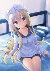 Rule 34 | 1girl, aqua jacket, arihara nanami, barefoot, bed, bed sheet, blonde hair, blush, bow, breasts, casual, chaamii, closed mouth, collarbone, eyebrows hidden by hair, feet, fingernails, full body, hair between eyes, hands on bed, highres, jacket, long hair, looking at viewer, medium breasts, red eyes, riddle joker, seiza, shorts, sidelocks, sitting, solo, straight hair, sunlight, thighs, very long hair, watermark, white bow, white headwear, yuzu-soft