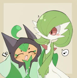 Rule 34 | 2girls, ^ ^, blush, bob cut, border, brown background, brown border, chokko, closed eyes, closed mouth, colored skin, creatures (company), facing another, fang, female focus, flat chest, flat color, game freak, gardevoir, gen 3 pokemon, green hair, green skin, hair over one eye, happy, highres, looking at another, multicolored skin, multiple girls, musical note, nintendo, notice lines, ogerpon, one eye covered, open mouth, orange skin, own hands together, pokemon, pokemon (creature), red eyes, short hair, simple background, smile, speech bubble, spoken musical note, standing, two-tone skin, upper body, v arms, white skin