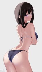 Rule 34 | 1girl, artist name, ass, back, bikini, black hair, commentary, english commentary, grey background, highres, honeymark, inoue takina, long hair, looking back, lycoris recoil, purple eyes, simple background, solo, swimsuit