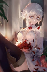 Rule 34 | 1girl, blue eyes, breasts, cleavage, dress, eyelashes, flower, highres, long sleeves, looking at viewer, pale skin, petals, qitoli, sinoalice, sitting, snow white (sinoalice), solo, thighhighs, white hair