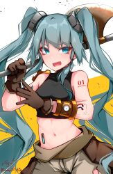 Rule 34 | 1girl, absurdres, arm tattoo, axe, baileys (tranquillity650), blue eyes, blue hair, brown gloves, crop top, floating hair, gloves, grey pants, hair ornament, hatsune miku, highres, holding, holding axe, long hair, midriff, navel, number tattoo, open mouth, pants, solo, standing, stomach, tattoo, twintails, twitter username, very long hair, vocaloid