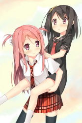 Rule 34 | 2girls, :o, black hair, black legwear, blush, borrowed character, breasts, carrying, collared shirt, dress, dress shirt, eyes visible through hair, hair ornament, hair ribbon, hair scrunchie, hand on another&#039;s shoulder, highres, kantoku (style), kurumi (kantoku), leaning forward, long hair, looking at another, looking away, looking to the side, medium breasts, multicolored background, multiple girls, necktie, one side up, original, parted lips, piggyback, pink hair, plaid, plaid necktie, plaid neckwear, plaid skirt, pleated skirt, purple eyes, red necktie, ribbon, sailor dress, scrunchie, shiny skin, shirt, shizuku (kantoku), short hair, short sleeves, skirt, sky-freedom, small breasts, smile, thighhighs, two side up, white legwear, white ribbon, white shirt, zettai ryouiki
