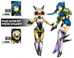 Rule 34 | 2girls, android, blue eyes, blue hair, comaza, cropped jacket, cyborg, full body, gun, handgun, headgear, humanoid robot, joints, long hair, looking at viewer, multiple girls, no feet, original, ponytail, red eyes, revolver, robot, robot joints, science fiction, shorts, smile, trigger discipline, weapon