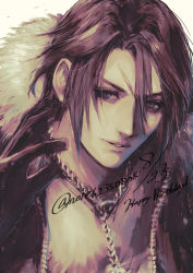 Rule 34 | 1boy, absurdres, black gloves, black jacket, brown hair, chain, chain necklace, dated, final fantasy, final fantasy viii, fur collar, gloves, happy birthday, highres, jacket, jewelry, looking at viewer, male focus, necklace, noie (neunteedelstein), parted bangs, parted lips, portrait, scar, scar on face, sepia, shirt, short hair, smile, solo, squall leonhart, twitter username, white background, white shirt