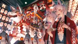 Rule 34 | 6+boys, absurdres, aerial fireworks, animal ears, bandages, bare pectorals, bell, bracelet, chest tattoo, closed mouth, facial mark, festival, fireworks, food, fox, fox boy, fox ears, fox tail, hair between eyes, highres, holding, huge filesize, ishida (segu ishida), japanese clothes, jewelry, lantern, long sleeves, male focus, mask, moon, multicolored hair, multiple boys, necklace, night, night sky, open mouth, original, outdoors, paper lantern, pectorals, red eyes, red hair, silhouette, sitting, sky, smile, standing, tail, tattoo, teeth, torii, upper body, walking, whisker markings, white hair, wide sleeves, window