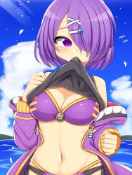 Rule 34 | .live, 1girl, beach, breasts, cleavage, cloud, commentary request, hair ornament, hair over one eye, hairclip, highres, jacket, kinsi mike, kiso azuki, large breasts, looking at viewer, medium breasts, navel, purple eyes, purple hair, short hair, sky, solo, swimsuit, virtual youtuber