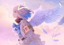 Rule 34 | 1girl, amane kanata, angel wings, armband, bad id, bad pixiv id, black shirt, blue bow, blue eyes, blue hair, bow, closed mouth, cloud, cloudy sky, commentary request, day, feathered wings, feathers, frilled sleeves, frills, grey hair, grey jacket, hair between eyes, hololive, hoshizaki reita, jacket, multicolored hair, outdoors, shirt, signature, sky, solo, two-tone hair, virtual youtuber, white feathers, white wings, wings