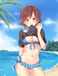 Rule 34 | 10s, 1girl, beach, bikini, bikini under clothes, breasts, brown eyes, brown hair, cleavage, clothes lift, day, frills, front-tie top, honda mio, idolmaster, idolmaster cinderella girls, jiino, looking at viewer, navel, shiny skin, shirt lift, short hair, solo, swimsuit, swimsuit under clothes