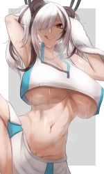 Rule 34 | 1girl, animal ears, arknights, armpits, azur lane, border, breasts, bremerton (azur lane), bremerton (azur lane) (cosplay), bremerton (scorching-hot training) (azur lane), cleavage, cosplay, crop top, crop top overhang, curvy, drying, feater (arknights), female focus, grey background, hair over one eye, highres, large breasts, long hair, looking at viewer, multicolored hair, navel, no bra, no panties, panda ears, pussy, pussy peek, red eyes, satou rin (gobugabuge), smile, solo, streaked hair, sweat, tongue, tongue out, two-tone skirt, underboob, white border, white hair