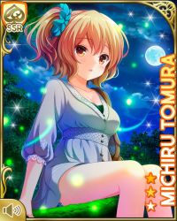 Rule 34 | 1girl, blue shorts, brown eyes, brown hair, card (medium), forest, full moon, girlfriend (kari), looking at viewer, matching hair/eyes, moon, nature, night, official art, open mouth, outdoors, qp:flapper, shirt, shoes, shorts, side ponytail, sitting, smile, solo, tagme, tomura michiru, white shirt