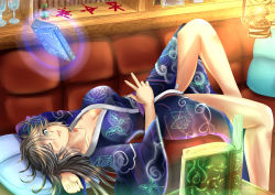 Rule 34 | 10s, 1girl, ;), alternate costume, animal print, arm behind head, blue eyes, blush, book, bookshelf, breasts, butterfly print, cleavage, collarbone, couch, cup, drinking glass, glowing, granblue fantasy, grimoire, highres, japanese clothes, kimono, knee up, lamp, lantern, large breasts, levitation, long hair, long sleeves, looking at viewer, lying, magic, magisa (granblue fantasy), on back, on couch, one eye closed, open book, pillow, runes, silver hair, smile, solo, tasogarehiraku, v, wide sleeves, wine glass