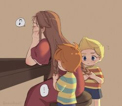Rule 34 | 1girl, 2boys, blonde hair, blue eyes, blue shorts, braiding hair, brothers, brown hair, claus (mother 3), closed eyes, dress, hairdressing, hand on own face, highres, hinawa, light brown background, light brown hair, long hair, looking at hands, lucas (mother 3), mother (game), mother 3, mother and son, multiple boys, musical note, nintendo, norakinura, red dress, serious, shirt, short hair, short sleeves, shorts, siblings, simple background, sitting, standing, striped clothes, striped shirt, sweatdrop, whistling
