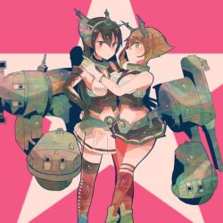 Rule 34 | 10s, 2girls, black hair, blush, breasts, brown hair, cannon, cleavage, crop top, elbow gloves, gloves, green eyes, gun, hands on own hips, headband, headgear, itomugi-kun, kantai collection, long hair, looking at viewer, md5 mismatch, miniskirt, multiple girls, mutsu (kancolle), nagato (kancolle), pantyhose, pleated skirt, red eyes, red legwear, resized, short hair, skirt, smile, star (symbol), starry background, thighhighs, weapon, white gloves