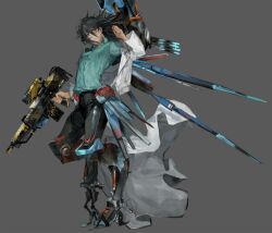 1boy arm_up assault_rifle black_hair black_pants blue_eyes dress_shirt facial_tattoo facing_to_the_side facing_viewer fudo_yusei green_shirt grey_background gun holding holding_gun holding_weapon jacket lab_coat looking_at_viewer male_focus mecha mechanical_arms mechanical_legs mechanical_wings mokopuru open_clothes open_jacket pants prosthesis rifle robot shirt single_mechanical_arm spiked_hair tattoo weapon wind wings yu-gi-oh! yu-gi-oh!_5d&#039;s