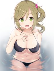 Rule 34 | 1girl, bikini, black bikini, breasts, brown hair, collarbone, female focus, green eyes, hair bobbles, hair ornament, highres, inuyama aoi, large breasts, long hair, looking at viewer, nekosination, side ponytail, solo, swept bangs, swimsuit, thick eyebrows, water, white background, yurucamp
