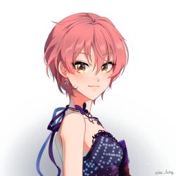 Rule 34 | 1girl, alternate hair length, alternate hairstyle, artist name, bare shoulders, breasts, closed mouth, commentary, earrings, from side, heart, heart earrings, highres, idolmaster, idolmaster cinderella girls, jewelry, jougasaki mika, looking at viewer, looking to the side, necklace, pink hair, portrait, purple ribbon, ribbon, sake dong, short hair, small breasts, smile, solo, strapless, yellow eyes