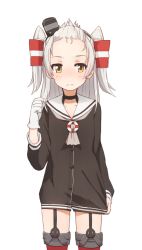 Rule 34 | 10s, 1girl, alternate hair length, alternate hairstyle, amatsukaze (kancolle), bad id, bad pixiv id, black dress, blush, choker, closed mouth, coupon (skyth), dress, dress tug, facial mark, forehead, forehead mark, gloves, hair tubes, hat, kantai collection, lifebuoy, long hair, long sleeves, looking at viewer, mini hat, sailor collar, sailor dress, short dress, silver hair, simple background, single glove, solo, standing, swim ring, twintails, two side up, white background, white gloves, yellow eyes