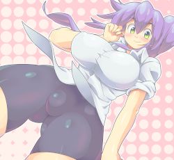 Rule 34 | 1girl, bike shorts, blush, breasts, cameltoe, coso-ri, drill hair, fat mons, from below, green eyes, huge breasts, impossible clothes, impossible shirt, looking at viewer, looking down, no bra, original, purple hair, shirt, side ponytail, simple background, solo, standing, umizakura tachimi