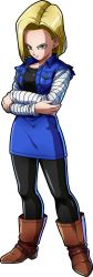 Rule 34 | 1girl, android 18, belt, black pantyhose, blonde hair, blue eyes, blue skirt, blue vest, boots, crossed arms, dragon ball, dragon ball fighterz, dragonball z, earrings, full body, highres, jewelry, official art, pantyhose, recolor, recolored, serious, short hair, skirt, solo, transparent background, vest, white background