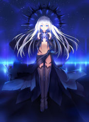 Rule 34 | 1girl, absurdres, aoi kao (lsz7106), bare shoulders, blue bow, blue dress, blue eyes, blue gloves, blue thighhighs, bow, breasts, commentary request, date a live, dress, elbow gloves, full body, gloves, habit, halo, highres, long hair, midriff, navel, revealing clothes, silver hair, small breasts, smile, solo, thighhighs, tobiichi origami, very long hair