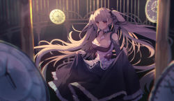 Rule 34 | 1girl, absurdres, azur lane, bare shoulders, between breasts, black dress, blush, breasts, cleavage, clock, dress, earrings, formidable (azur lane), frilled dress, frills, grey hair, hair ornament, hair ribbon, highres, huge filesize, jewelry, large breasts, lifting own clothes, long hair, long sleeves, looking at viewer, red eyes, ribbon, seemu (wnslqjdignv ), solo, twintails, two-tone dress, two-tone ribbon, underwear, very long hair, watch