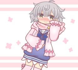 Rule 34 | 1girl, ahoge, blue dress, blue ribbon, blue sailor collar, blunt bangs, blush, bow legwear, clenched hand, cosplay, cowboy shot, drawstring, dress, dutch angle, embarrassed, flower (symbol), flower trim, frilled dress, frills, grey hair, hand on own face, hand on own stomach, hood, hoodie, long sleeves, looking away, magia record: mahou shoujo madoka magica gaiden, mahou shoujo madoka magica, miwa mitsune, neck ribbon, open clothes, open hoodie, orange eyes, pink background, pink hoodie, pink scarf, pink thighhighs, plaid, plaid scarf, reverse (bluefencer), ribbon, sailor collar, sailor dress, scarf, short dress, short hair, simple background, solo, split mouth, standing, swept bangs, thighhighs, wavy mouth, yakumo mikage, yakumo mikage (cosplay), yakumo mikage (winter costume), zettai ryouiki