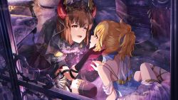 Rule 34 | 2girls, artist request, bare shoulders, black gloves, blonde hair, bob cut, brown hair, chair, crown, demon horns, dress, earrings, elbow gloves, fur collar, fur trim, gloves, green eyes, hagiwara yukiho, holding hands, horns, hoshii miki, idolmaster, idolmaster (classic), idolmaster million live!, idolmaster million live! theater days, indoors, jewelry, looking at another, multiple girls, official art, open mouth, short hair, smile, thighhighs, veil, window