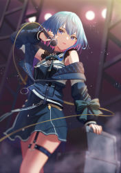 Rule 34 | 1girl, alternate hair length, alternate hairstyle, blue eyes, blue hair, boku no edamame, breast pocket, colored inner hair, cowboy shot, hair between eyes, hand up, head tilt, highres, holding, holding microphone, hololive, hoshimachi suisei, hoshimachi suisei (streetwear), jacket, leaning on object, light particles, long sleeves, looking at viewer, microphone, multicolored hair, o-ring, o-ring thigh strap, off shoulder, open mouth, pink hair, pocket, short hair, skirt, solo, stage lights, standing, thigh strap, virtual youtuber