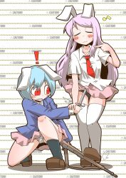 Rule 34 | !, 2girls, :3, ^^^, animal ears, arm grab, black panties, black socks, blazer, blouse, blue hair, blue jacket, blush stickers, bob cut, brown footwear, buttoned cuffs, buttons, closed eyes, commentary, dress shirt, eighth note, english text, grimace, gun, holding, holding gun, holding knife, holding weapon, jacket, knife, loafers, long hair, long sleeves, miniskirt, multiple girls, musical note, necktie, on one knee, panties, pantyshot, pink skirt, pointing, pointing at another, purple hair, rabbit ears, rabbit girl, red eyes, red necktie, reisen (touhou bougetsushou), reisen udongein inaba, rifle, sharp teeth, shirt, shoes, short hair, short sleeves, skirt, socks, standing, stepping, swept bangs, teeth, thighhighs, touhou, underwear, weapon, white panties, white shirt, white thighhighs, wing collar, zannen na hito