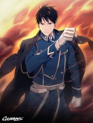 Rule 34 | 1boy, amestris military uniform, arm at side, artist name, black coat, black eyes, black hair, clothes lift, coat, commentary, cowboy shot, english commentary, expressionless, fire, frown, fullmetal alchemist, gearous, gloves, looking away, male focus, military, military uniform, mixed-language commentary, roy mustang, serious, short hair, smoke, sparkle, uniform, upper body, wind, wind lift