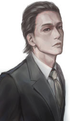 Rule 34 | 1boy, black hair, black jacket, black suit, closed mouth, collared shirt, commentary, dress shirt, facing away, forehead, formal, grey necktie, hair slicked back, highres, jacket, jujuju, looking at viewer, male focus, necktie, neckwear request, ryuu ga gotoku (series), ryuu ga gotoku 0, shirt, short hair, simple background, solo, suit, tachibana tetsu, upper body, white background, white shirt